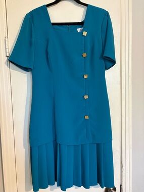 Melissa Teal Short Sleeve Pleated Mini Dress with Gold Buttons